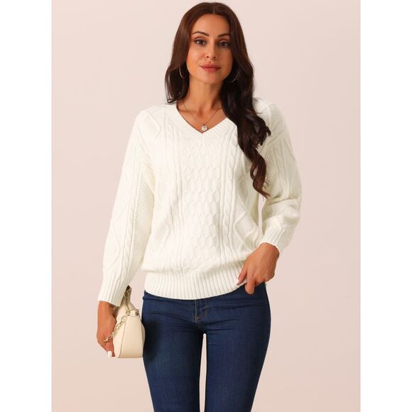 V Neck Long Sleeve Casual Loose Chunky Warm Pullover Sweater Top Beige - Picture 3 of 5